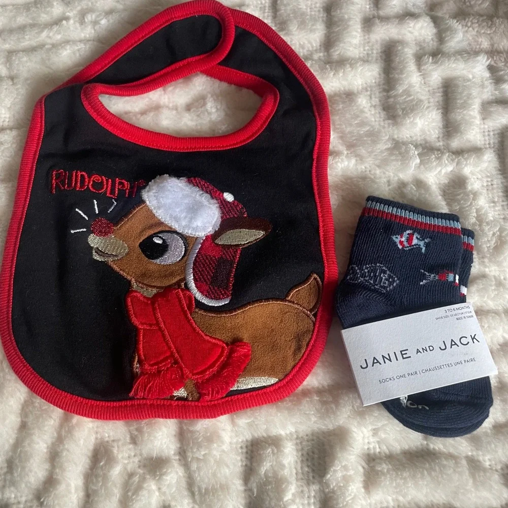 Rudolf Christmas baby bib Janie & Jack‎ cotton blend blue fish socks new